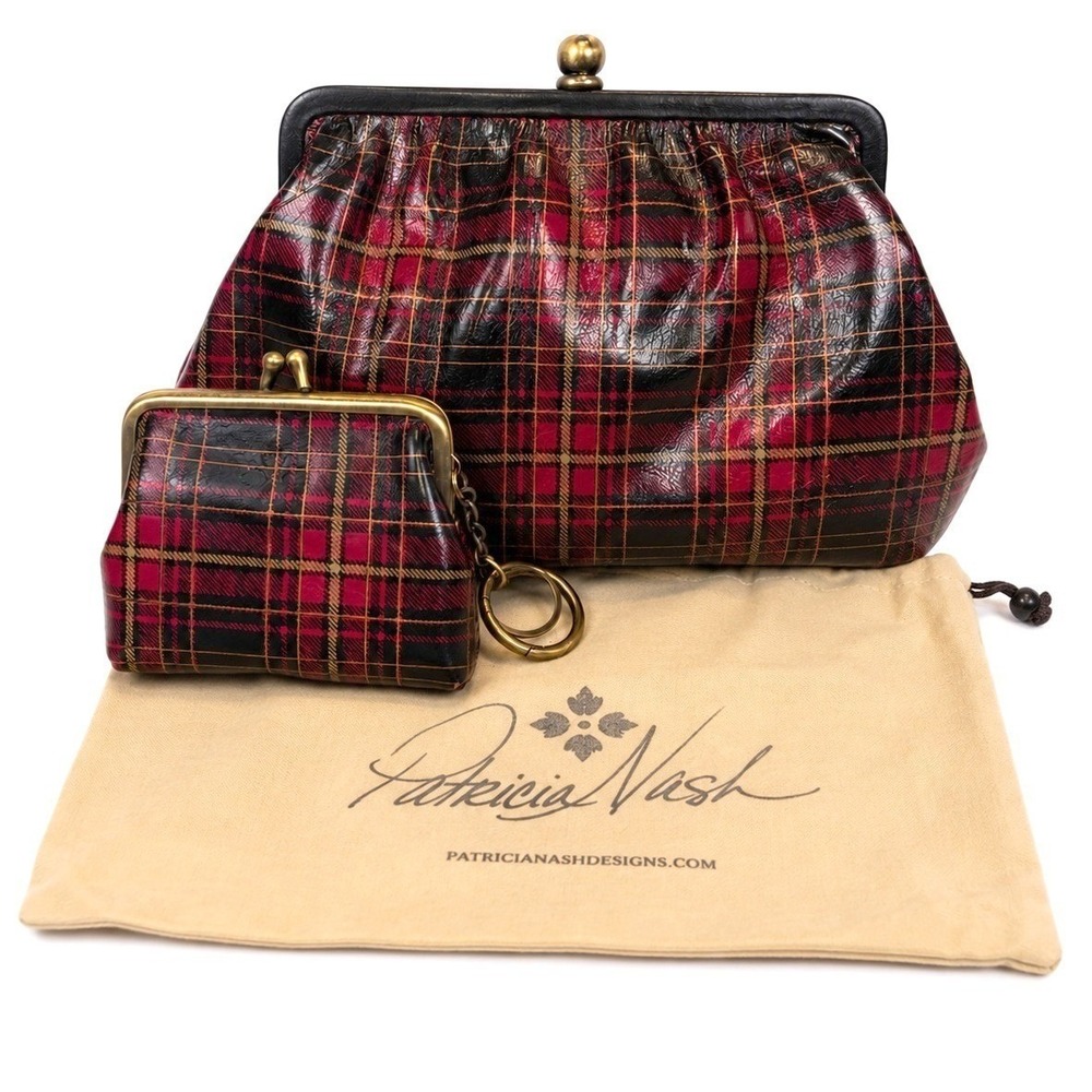 Patricia Nash Tartan Plaid Frame Bag Coin Purse Set Kiss Lock Crossbody Leather